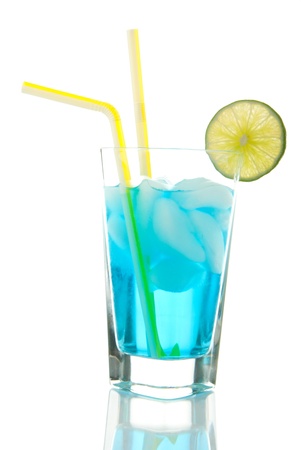 Vodka based Cocktail with light rum, gin, tequila, blue curacao, lime juice, lemonade, two yellow striped straws and lime wheel isolated on a white backgroundの写真素材
