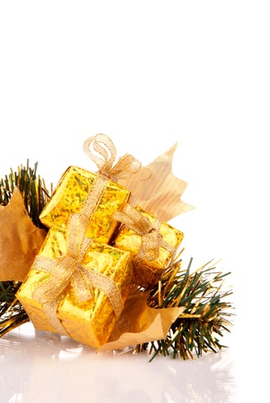 Christmas gold gift boxes ornament  isolated on white background の写真素材