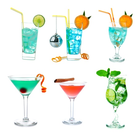 Cocktails collage collection. Blue Hawaiian Lagoon, Tropical Martini, Cosmopolitan, Mojito, Sex on the beach, Mai Tai cocktail drink isolated on a white backgroundの写真素材