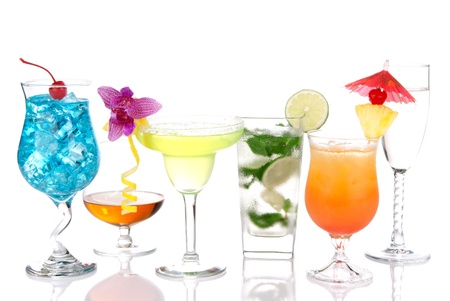 Alcoholic Cocktails. Many drinks beverages Blue hawaiian, mojito; Sex on the beach, tropical  Martini, tequila sunrise, margarita, champagne and cognac glass, cocktail umbrella, cherry, lime and pineappleの写真素材