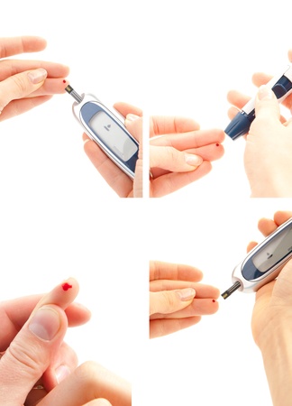 Diabetes diabetic concept collage of insulin glucose sugar measuring level blood test on white background の写真素材