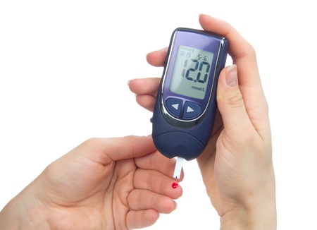 Diabetes patient poked finger to measure a glucose blood level test by new smart glucometer isolated on a white backgroundの写真素材