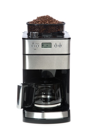 Espresso and americano coffee machine maker with coffee grinder on top isolated on a white backgroundの写真素材