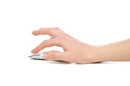 Hand click on modern computer mouse isolated on a white backgroundの写真素材