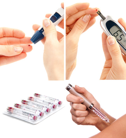 Diabetes diabetic concept collage with insulin syringe shot and glucose sugar measuring level blood test on white backgroundの写真素材