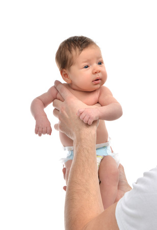 Father hands hold newborn three weeks infant child baby girl kid isolated on a white backgroundの写真素材