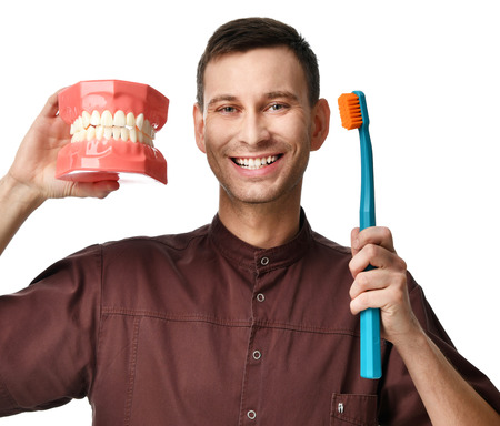 Big teeth dummy and dentist doctor with tooth brush show how to properly brush your teeth isolated...