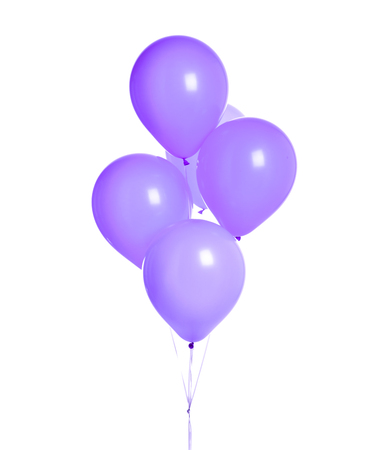 Bunch of purple latex blue round balloons composition for birthday or valentines day party on white backgroundの写真素材