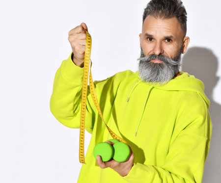 Mature hipster old brutal bearded man in yellow hoodie hold green dumbbells and tape measure with white stylish beard on whiteの写真素材