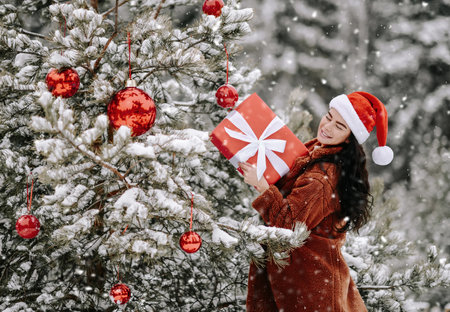 Young smiling beautiful woman in stylish fur coat and santa claus hat hold holiday gift box in handsの写真素材
