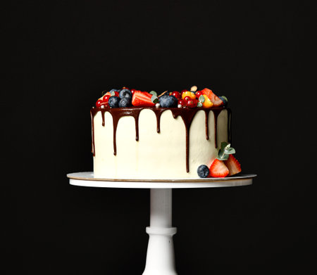 Birthday sweet cake with chocolate drips and fresh fruits Raspberry strawberry blueberry cranberry on dark blackの写真素材