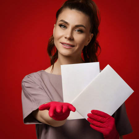 Young smiling woman doctor therapist in protective latex gloves holding two paper sheets blanks, pointing and looking at cameraの写真素材