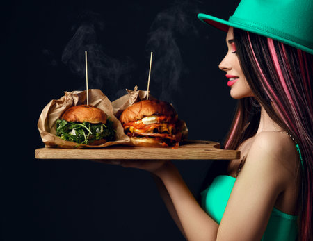 Beautiful woman hold two craft big burger sandwiches with hungry mouth and steam smoke in green hat happy smiling on blacの写真素材