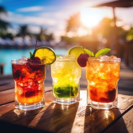 Cocktails on the beach at sunset. Summer vacation concept.の素材
