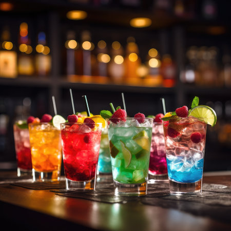Variety of cocktails on the bar counter in the night club.の素材
