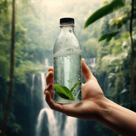 Hand holding bottle of water with green leaf and waterfall background, nature conceptの素材