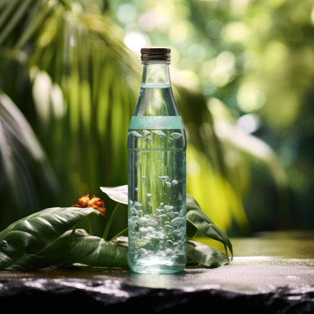Bottle of mineral water with ice cubes and green leaves on dark backgroundの素材