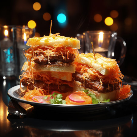Hamburger sandwich with cheese and vegetables on a dark background. Restaurantの素材