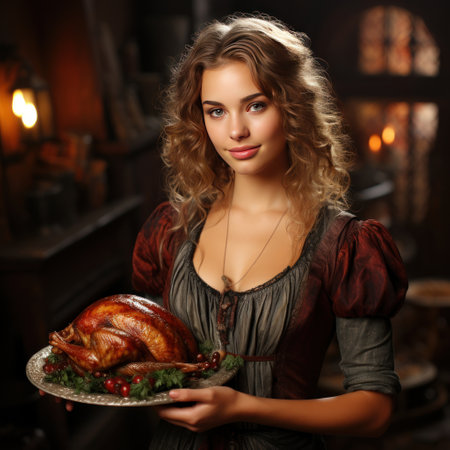 Beautiful young woman in medieval dress stands holding a roasted turkey on a plate over dark backgroundの素材