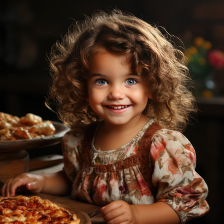 Cute little girl with curly hair and in medieval dress eating pizza in the kitchen.の素材