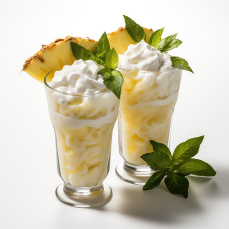 Pineapple smoothie with whipped cream and mint in a glassの素材