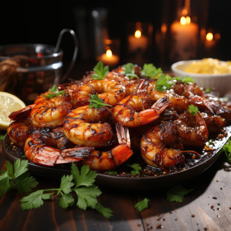 Tasty grilled tiger prawns with lemon and parsley on plateの素材