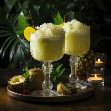 Pineapple smoothie with coconut and mint in glasses on wooden tableの素材