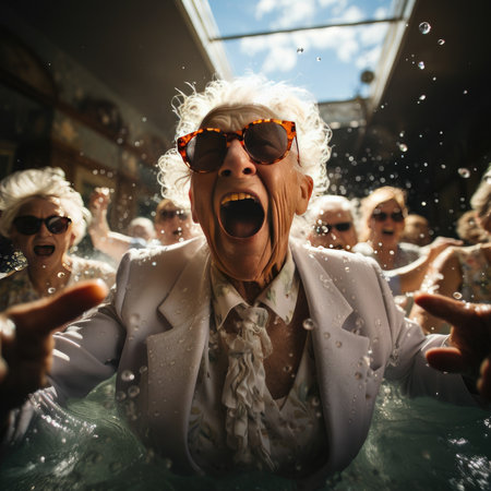 Group of seniors having fun in a swimming pool with splashes of water.の素材