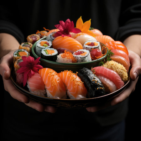 Woman holding a plate of assorted sushi with wasabi and ginger on black backgroundの素材