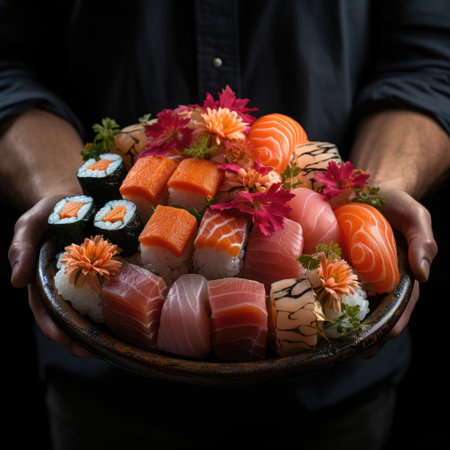 Hands of a man holding a plate of sushi on a black backgroundの素材