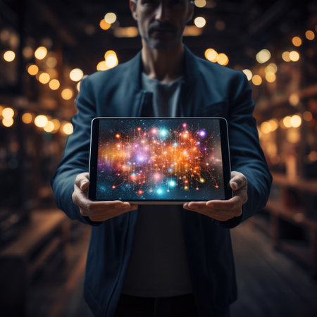 Businessman holding a tablet with a circuit board on the screen.の素材