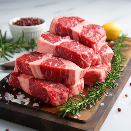 Raw beef steaks with rosemary and spices on a cutting boardの素材