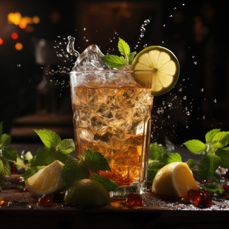 Long Island Iced tea with lemon, mint and ice cubes on dark backgroundの素材