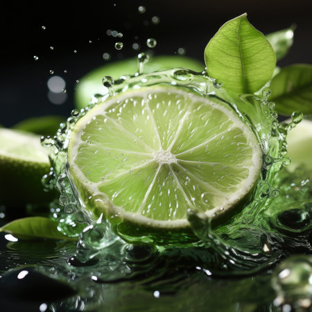 Fresh limes in water with splash on black background, closeupの素材
