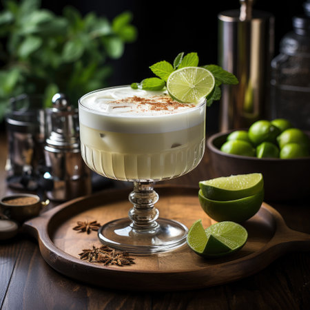 Pisco sour cocktail with lime, mint and ice on wooden backgroundの素材
