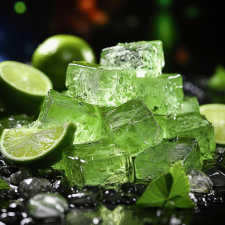 Ice cubes with lime slices and ice cubes on black background, closeupの素材