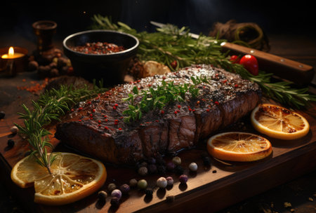 Grilled beef steak with rosemary and spices on a wooden board.の素材