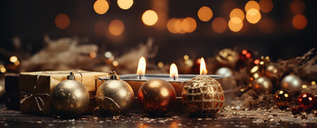 Christmas and New Year background with burning candles and golden christmas ballsの素材