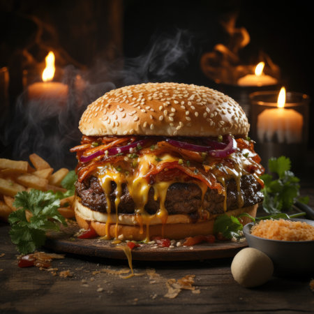Cheese burger - American cheese burger with Golden French fries and fresh vegetablesの素材