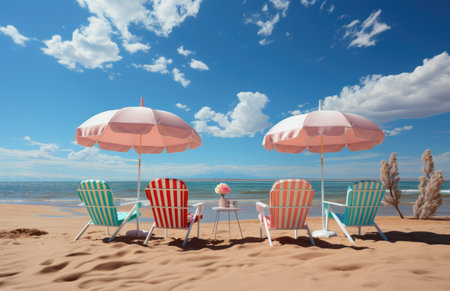 Beach chairs and umbrellas on the beach. 3d renderingの素材