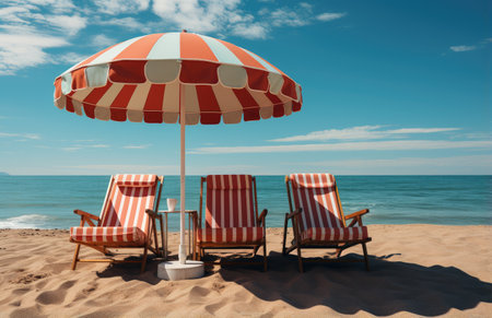 Beach chairs and umbrella on the beach. 3d rendering.の素材