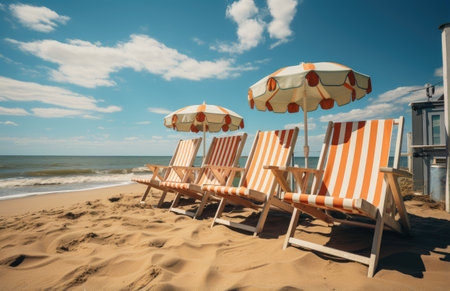 Beach chairs and umbrellas on a sandy beach in summerの素材