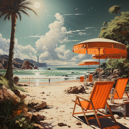 Beach chairs and umbrella on a sunny day in tropic resortの素材