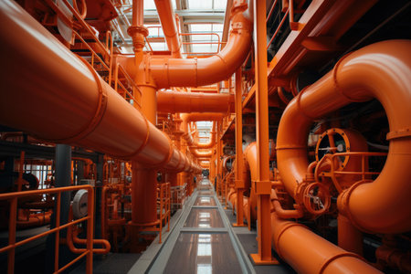 Industrial zone, Steel pipelines and cables in orange tones at a power plantの素材