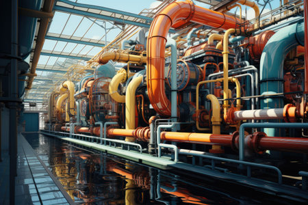 Industrial zone, Steel pipelines and equipment in blue tones, 3d renderの素材