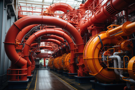 Industrial zone, red and yellow steel pipelines and equipment at factory, power plantの素材