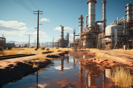 Chemical plant factory with blue sky and reflection. 3d renderingの素材