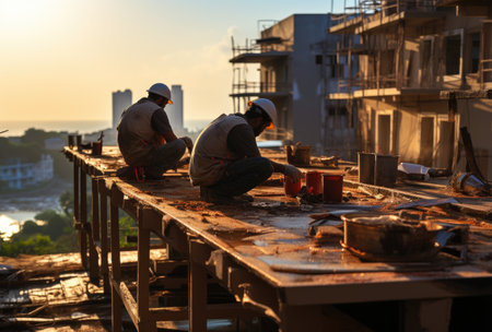 Construction workers are working on the roof of a building at sunset.の素材