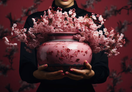Woman holding a vase with pink cherry blossoms on a red backgroundの素材