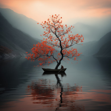 Lonely tree in a lake at sunset, 3d renderの素材